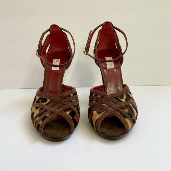 MAXMARA BROWN TAN LEOPARD PONY HAIR SUEDE ANKLE STRAP PEEP TOE HIGH HEELS - Picture 2 of 8